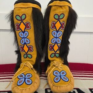Beaded Moccasin Boots with Fur Trim - Mustard Suede